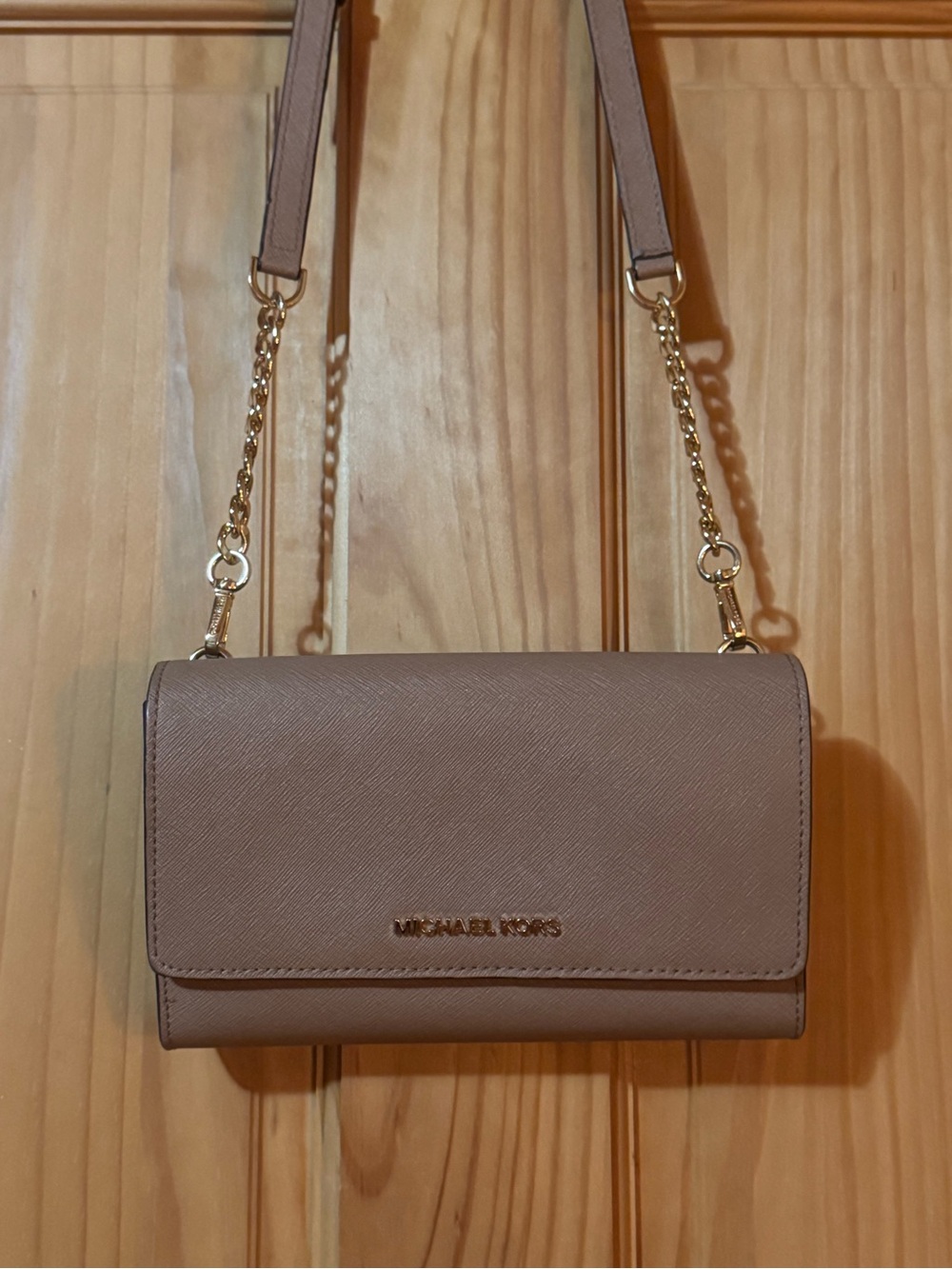 Michael Kors Taupe Crossbody Purse & Wallet with Gold Chain Strap
